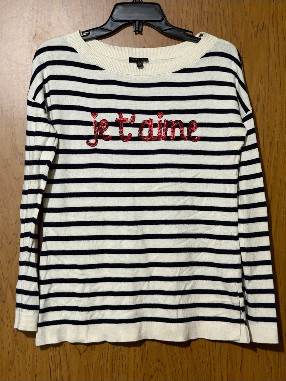 Talbots Cream and Black Striped Long Sleeve Top with Red Sequin 'je t'aime'
